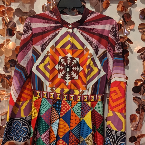 NWT Multicolor A-line Long Slv Printed Maxi Dress - Picture 9 of 10